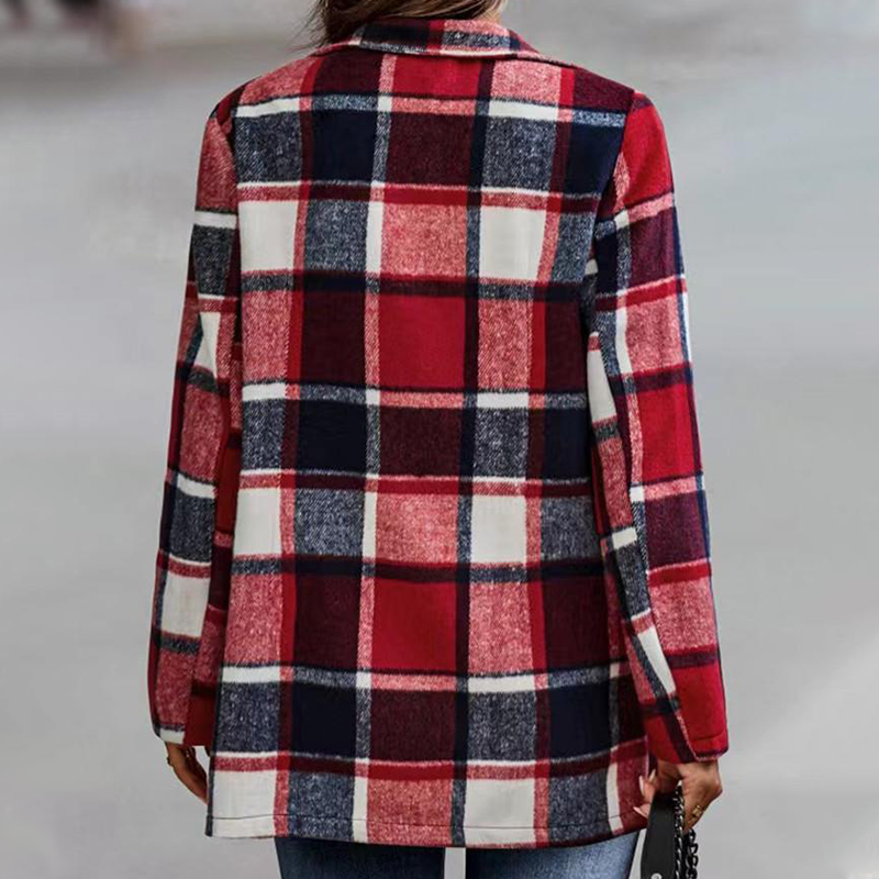 Check Print Long Sleeve Pocket Wool Jacket