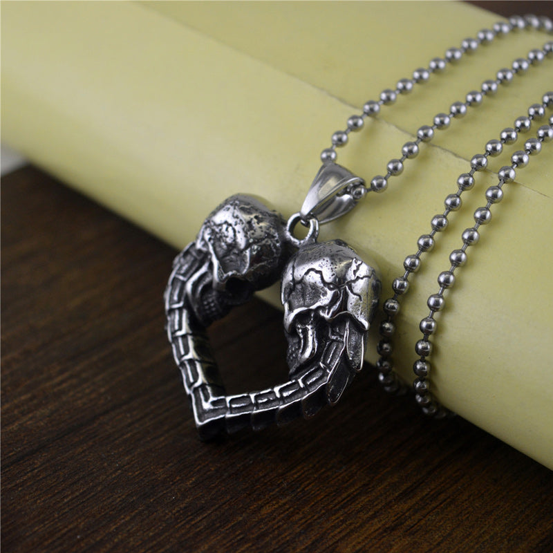 Double Skull Heart Necklace