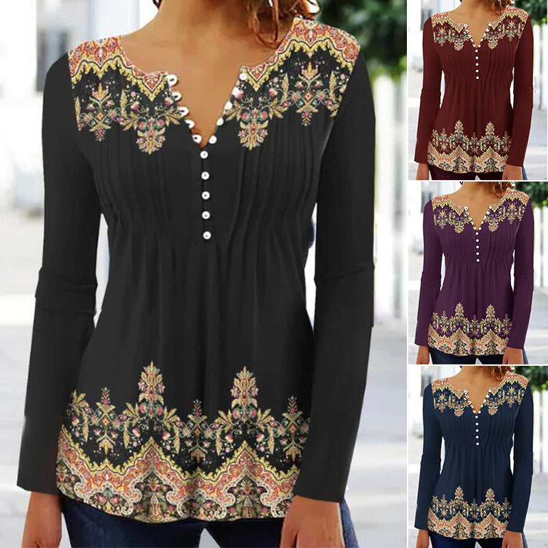 Round Neck Button Print Long Sleeve Top