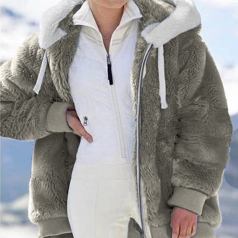 Women Loose plush zipper hooded jacket