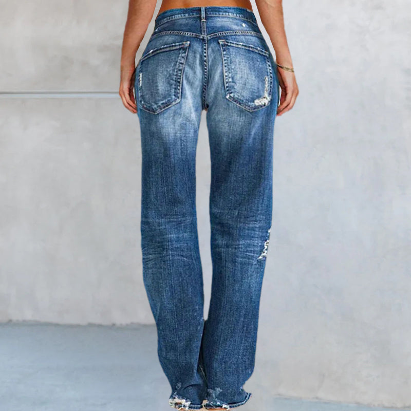 Ripped Low Waist Straight Leg Jeans