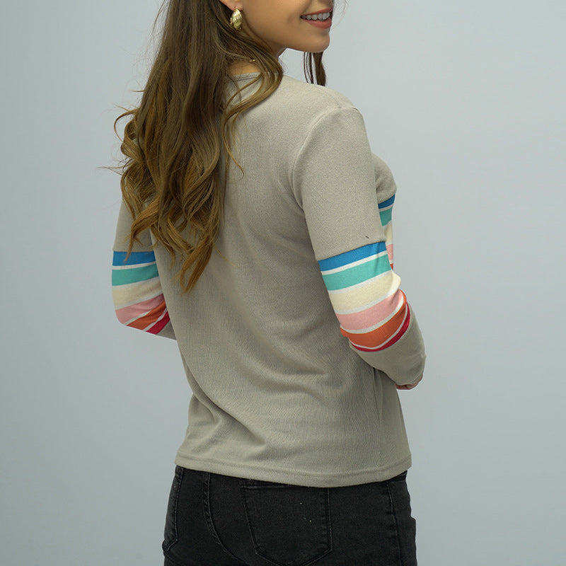 Crew Neck Long Sleeve Rainbow Stripe Panel T-Shirt