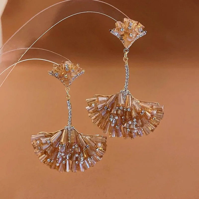 Diamond Encrusted Crystal Fan-Shaped Ginkgo Leaf Earrings