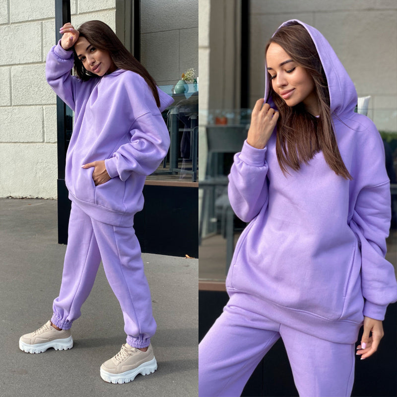 Women's Autumn/Winter Solid Color Hoodie Two Piece Set