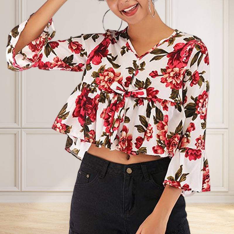 Ladies Summer V-Neck Flared Sleeve Printed Chiffon Shirt
