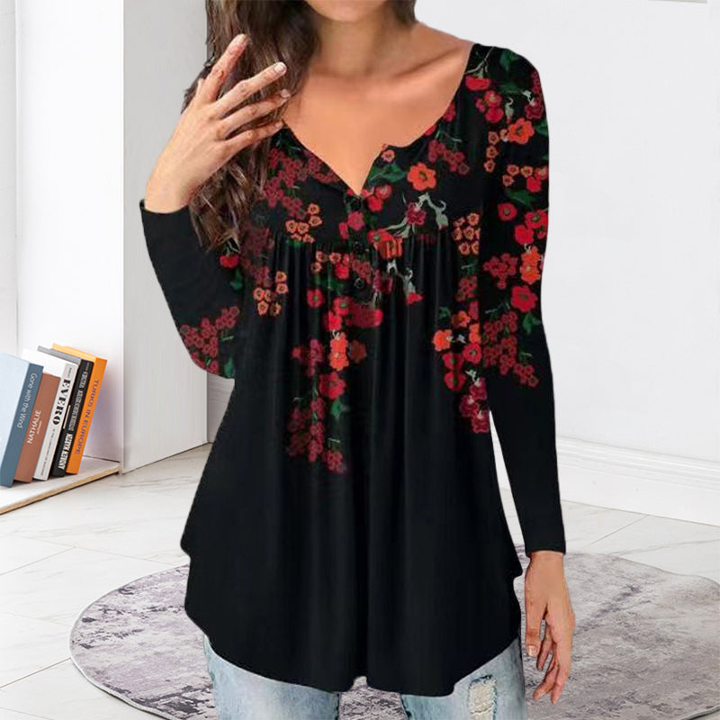 Printed Button Loose Long Sleeve T-Shirt