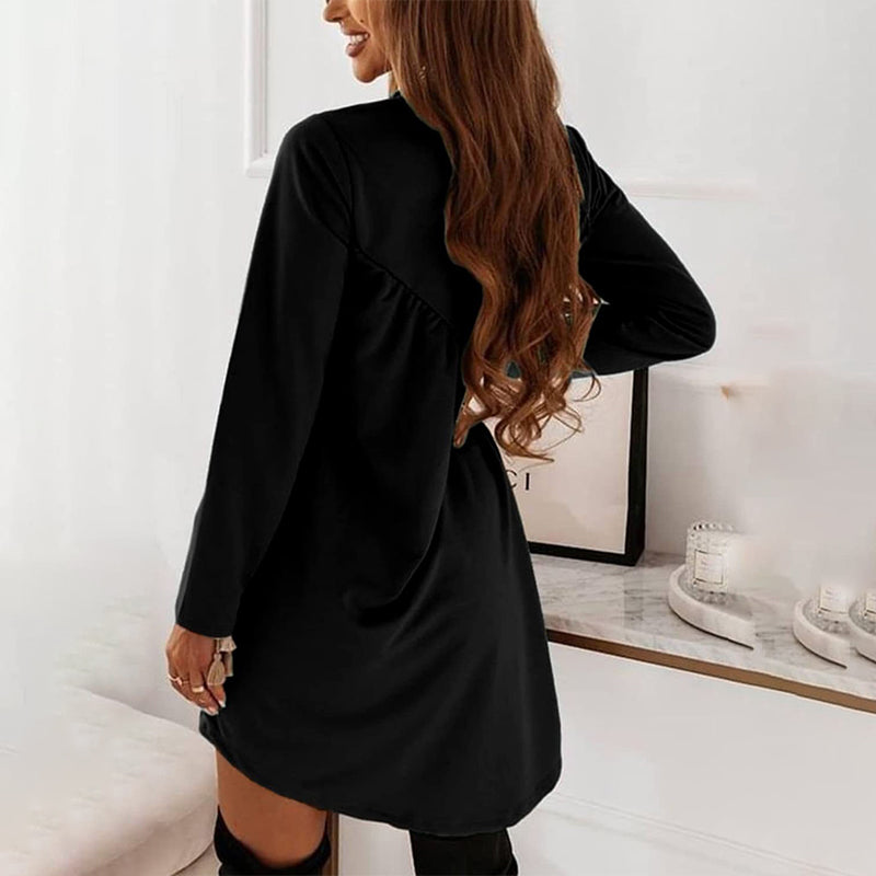 Solid Color Long Sleeved Irregular Crewneck Dress