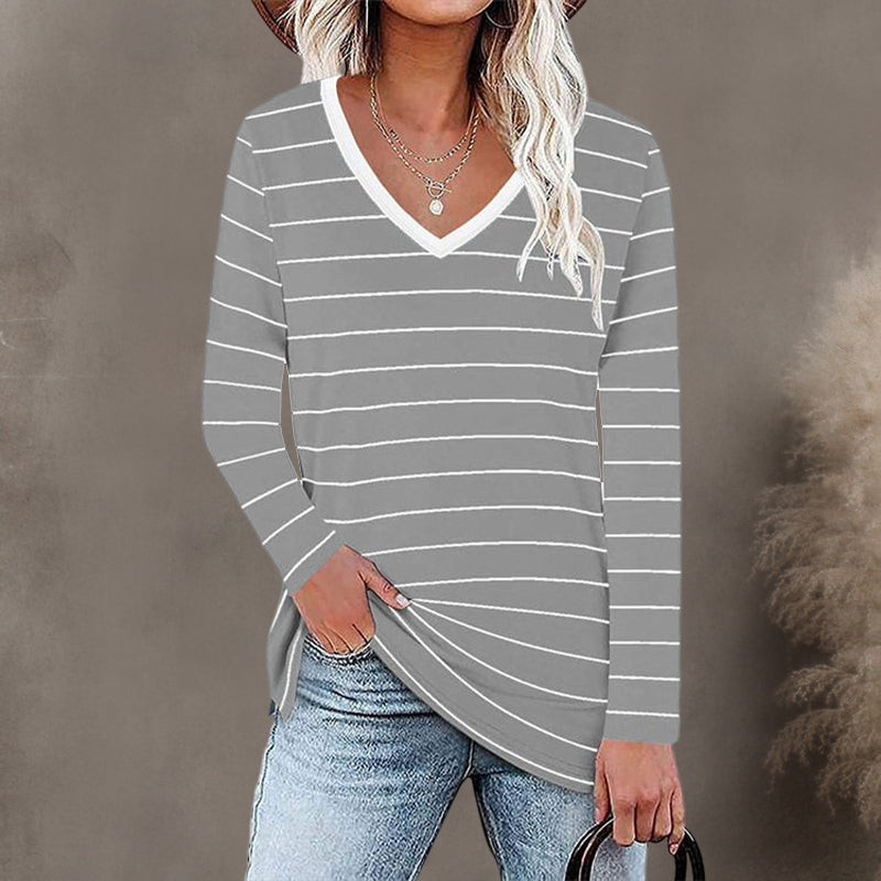 Long Sleeve V Neck Striped T-Shirt