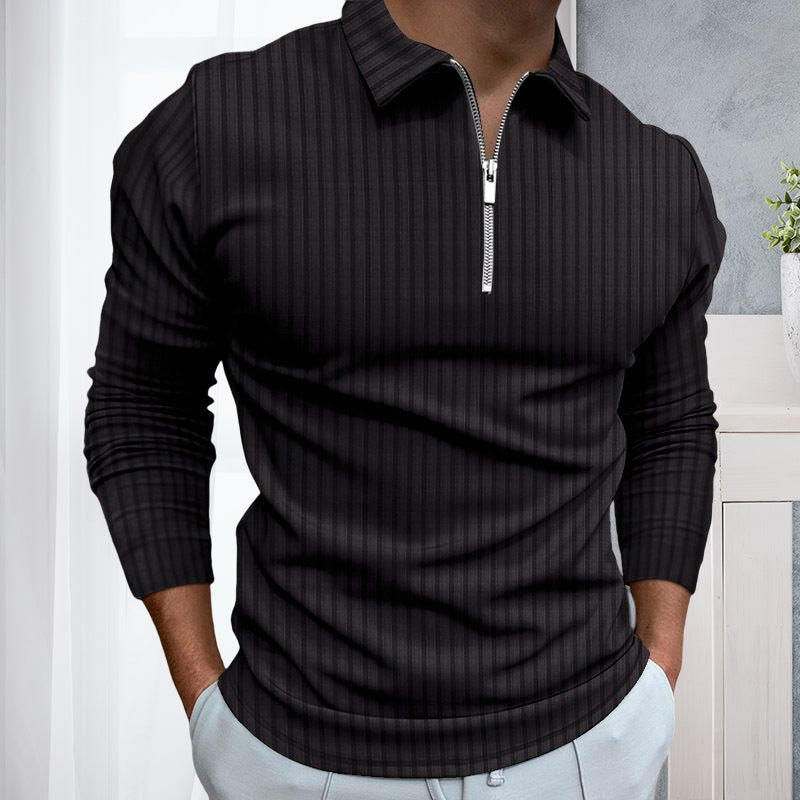 Polo Shirt Zipper Stripe Long Sleeve Men's Polo Shirt