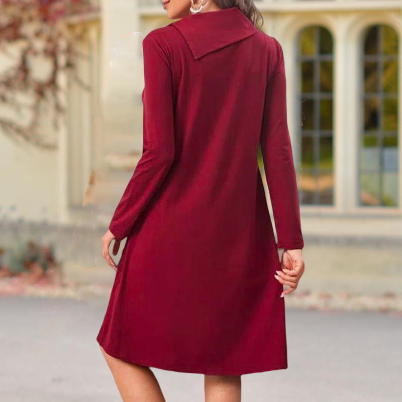 Solid Color Christmas Dress with Elegant Buttons