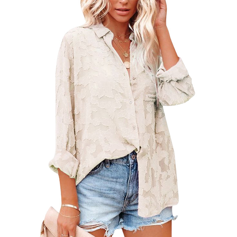 Solid Color Cutout Chiffon Jacquard Button Long Sleeve Shirt
