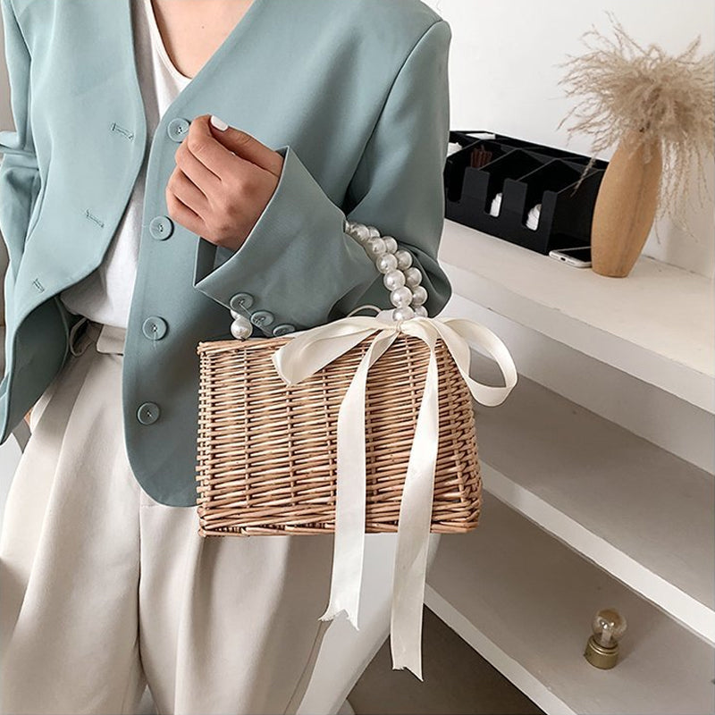 Faux Pearl Handle Straw Square Bag