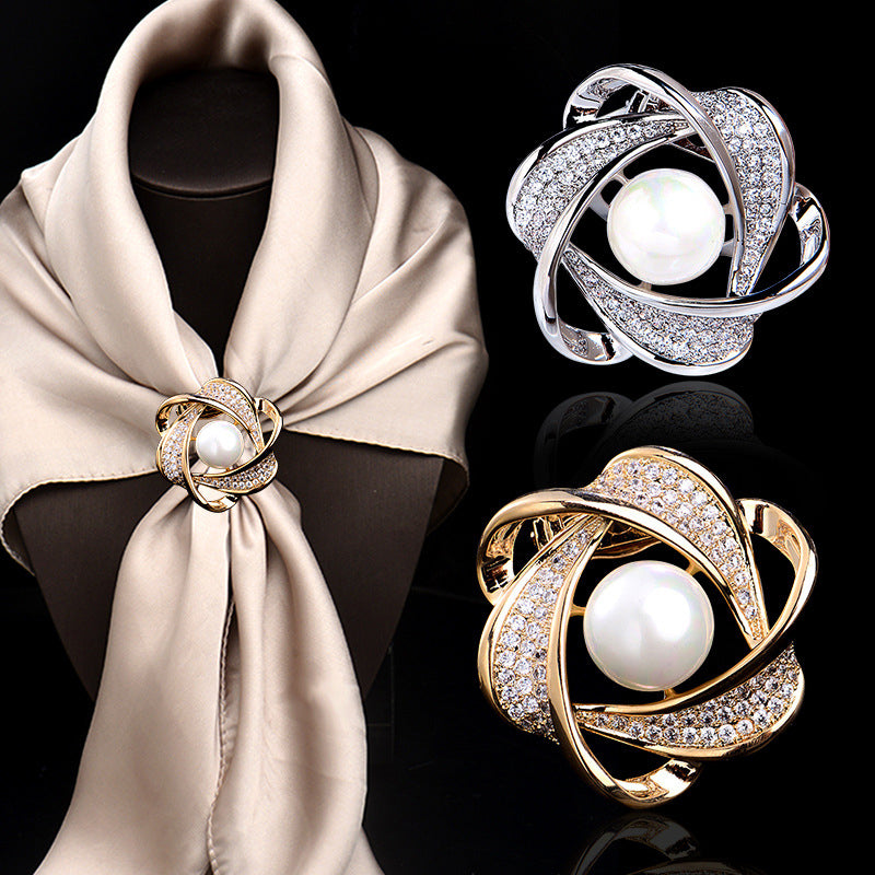Women's Elegant Pearl Floral Scarf Ring Clip