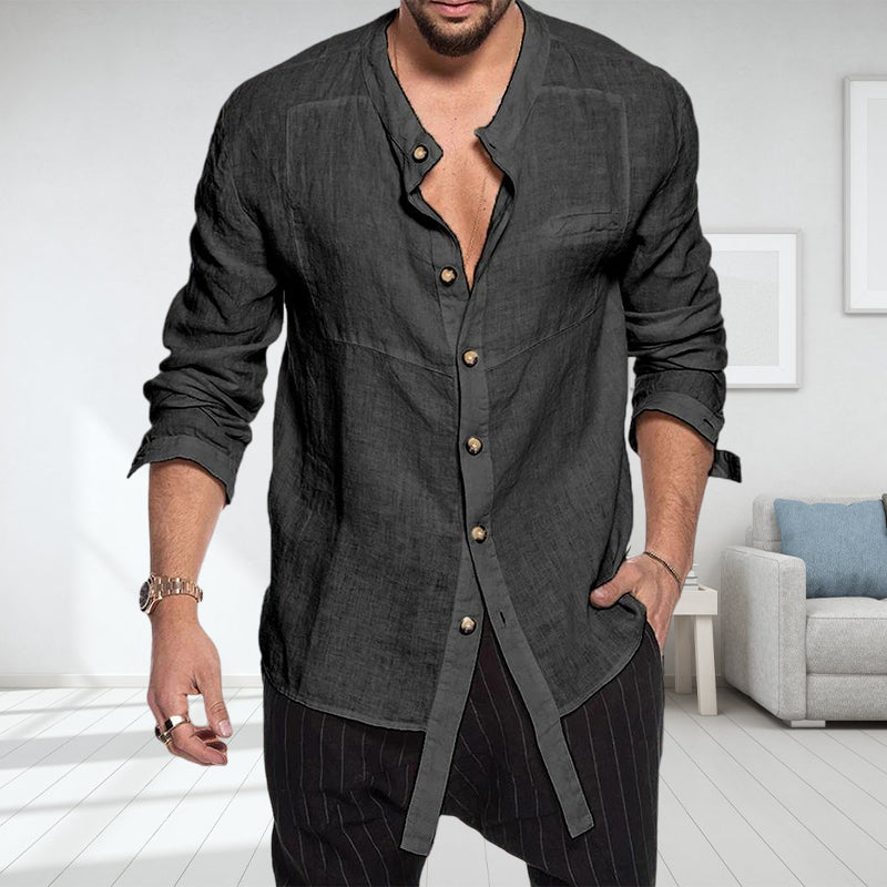 Stand Collar Linen Long Sleeve Shirt