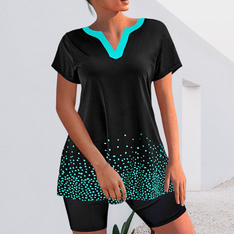 Conservative V Neck Polka Dot Swimsuit