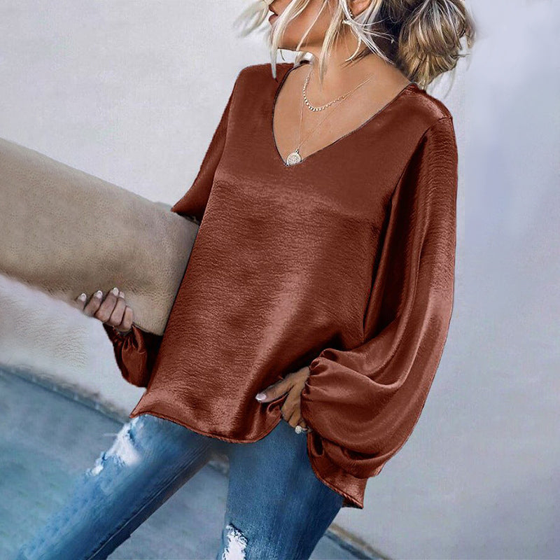 V-Neck Satin Long Sleeve Shirt