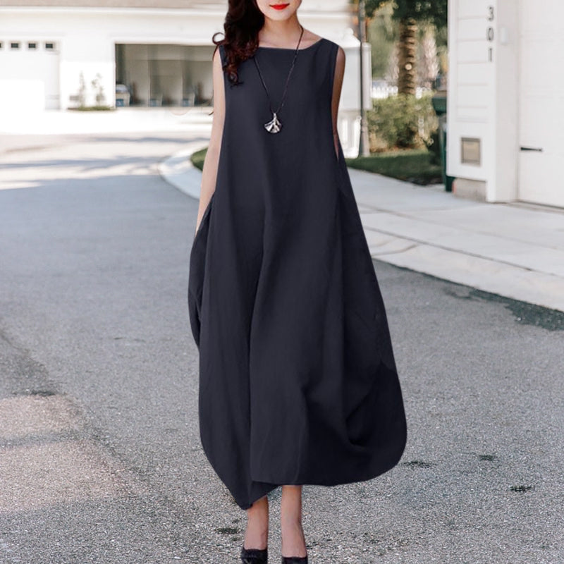 Solid Color Round Neck Dress