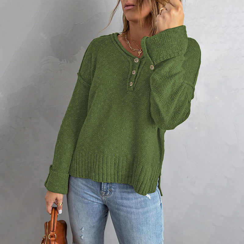 Button Knit Dropped Shoulder Sweater