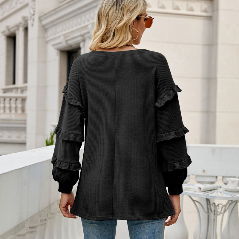 Waffle Ruffled V-neck Loose T-shirt