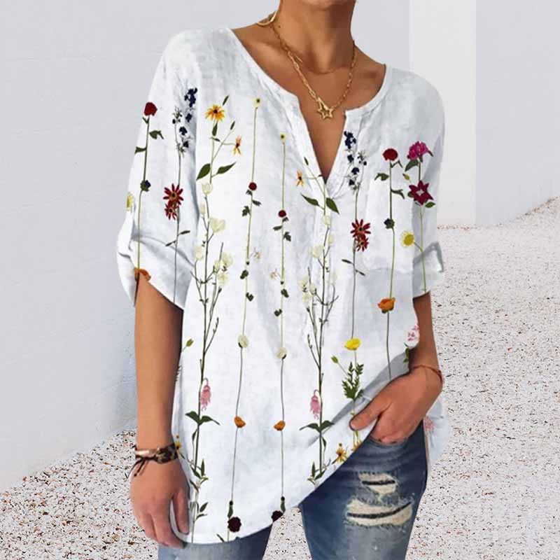 Loose Print V-Neck 3/4 Sleeve Shirt
