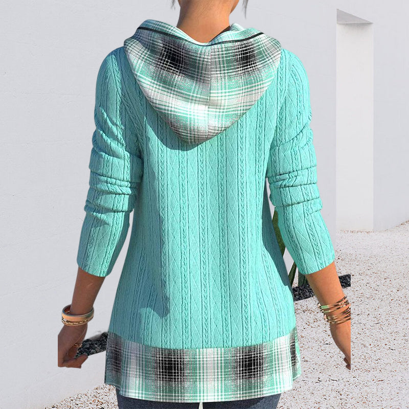 Hooded Plaid Knit Top