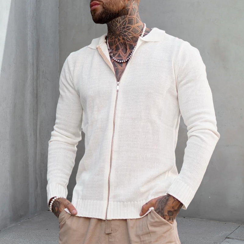 Men's White Long Sleeve Casual Fashion Zip Knit Sweater