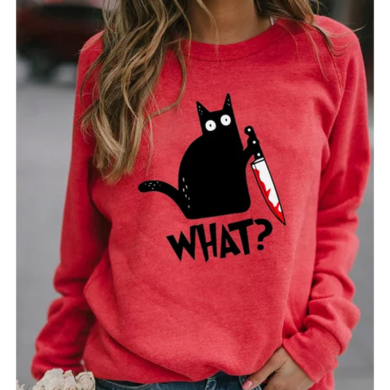 Halloween Fun Print Black Cat Sweatshirt