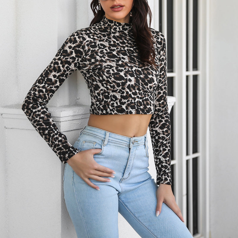 High-neck Leopard-print Cropped T-shirt