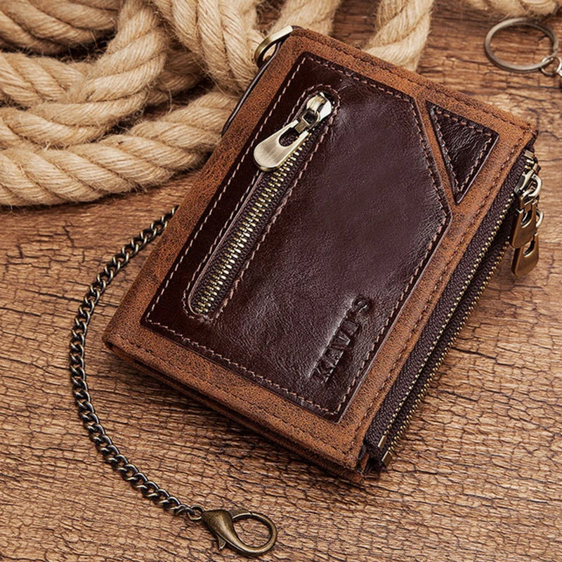 Vintage RFID PU Leather Bifold Coin Wallet With Chain
