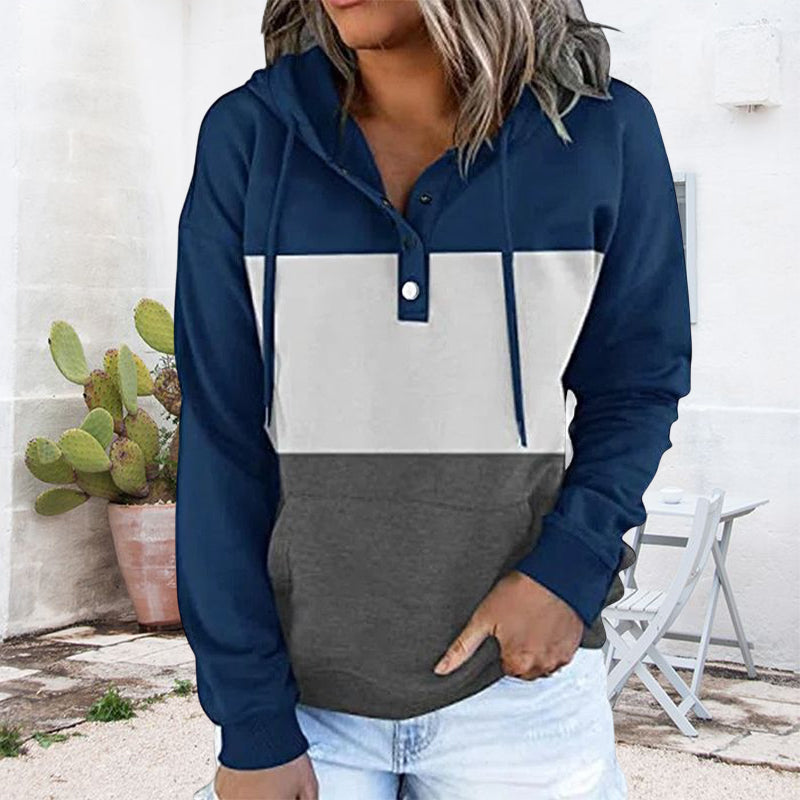 Ladies Colorblock Fleece V-Neck Hooded Drawstring Pullover Sweatshirt