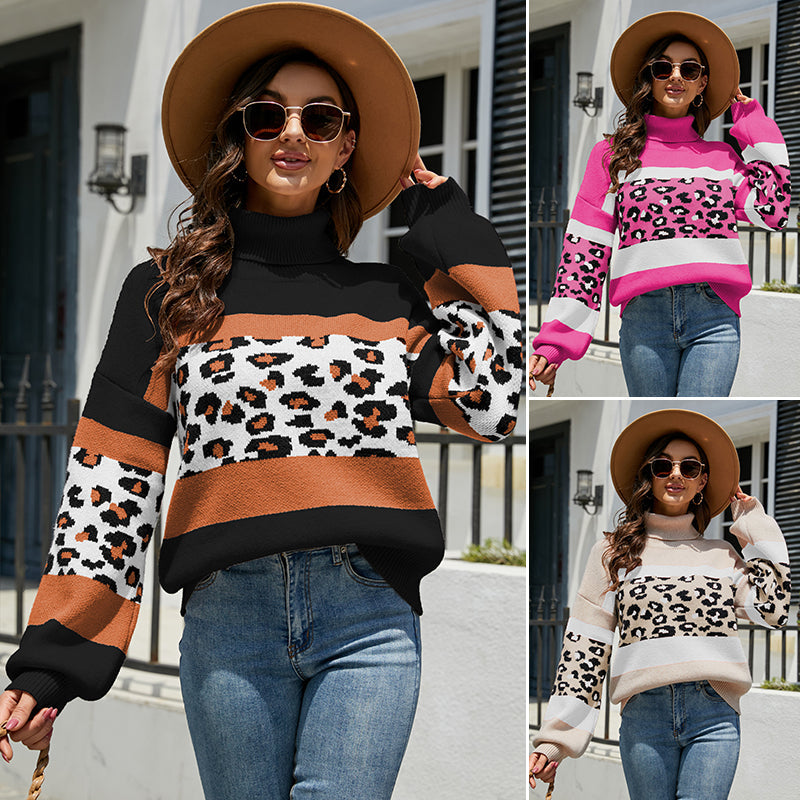 Turtleneck Leopard Print Colorblock Knitted Sweater