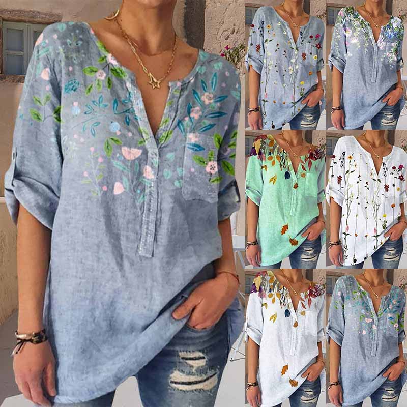 Loose Print V-Neck 3/4 Sleeve Shirt