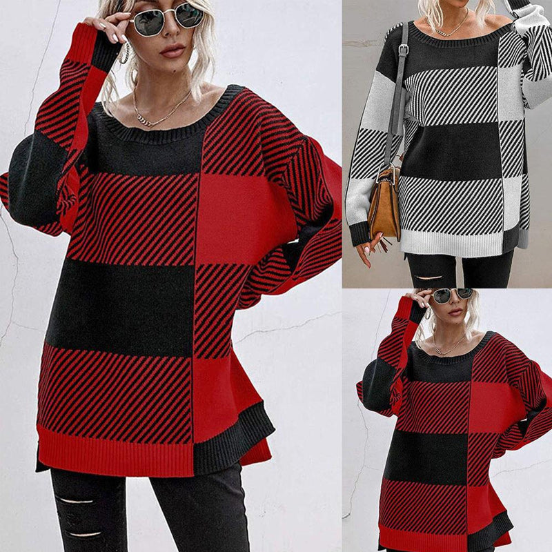 Plaid Contrast Knit Sweater