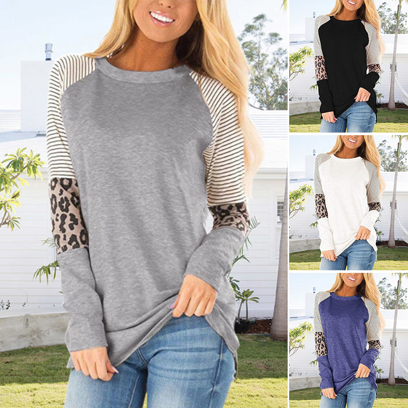 Leopard Patchwork Stitching Round Neck Long Sleeve Blouse
