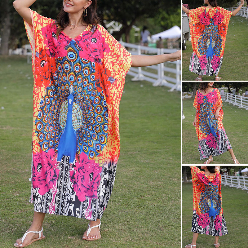 V-Neck Beach Dress With Peacock Print