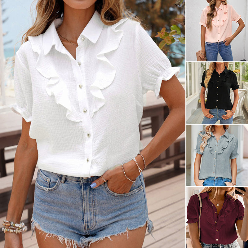 Ruffled Single-breasted Lapel Collar Shirt