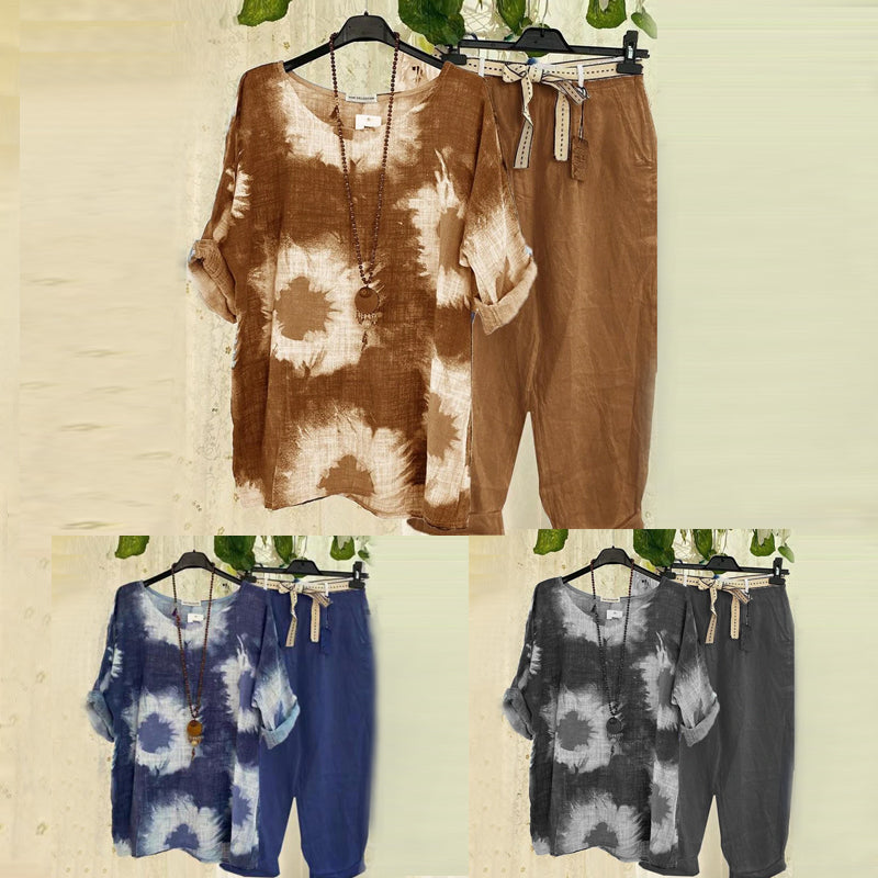 Cotton and Linen Print Casual Two-piece Set