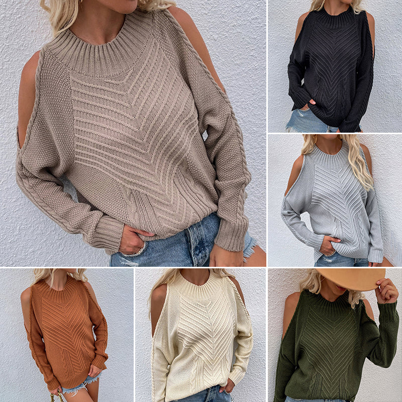 Off Shoulder Long Sleeve Crew Neck Sweater