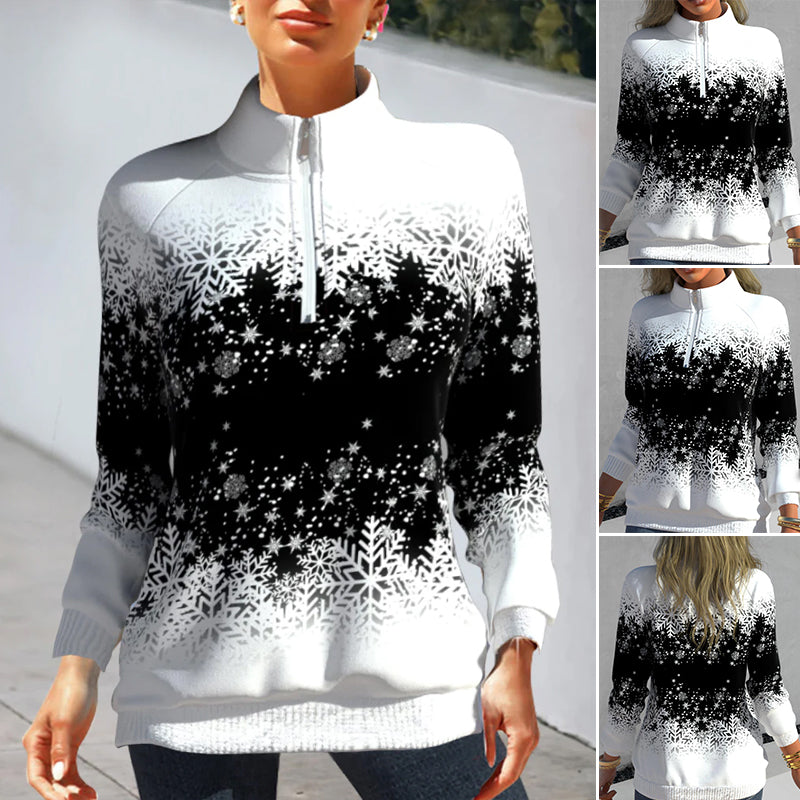 Sweater with Snowflake Print and Zipper