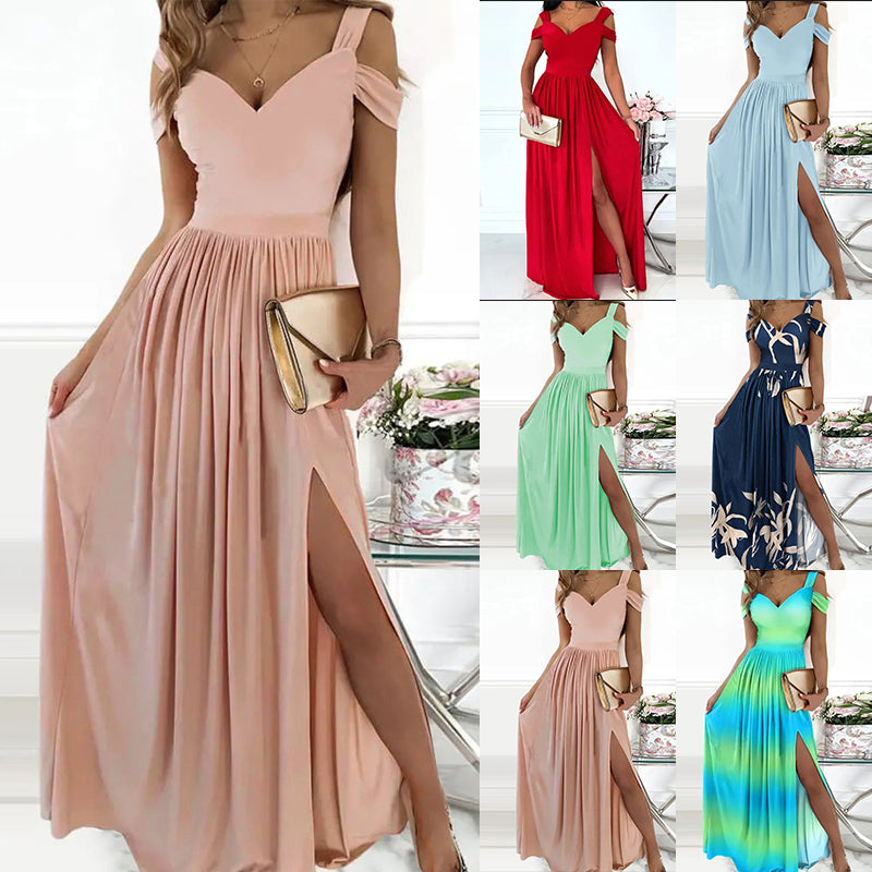 Off-the-shoulder V-neck Slit Dress