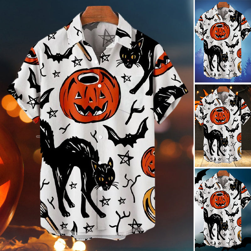 Men's Casual Halloween Cat Pentagram Print Shirt