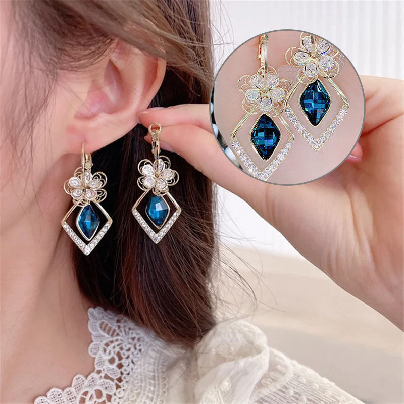 Flower Zircon Rhombic Sapphire Drop Earrings