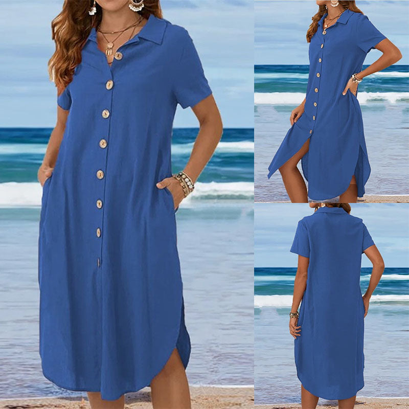 Lapel Single-breasted Cotton And Linen Short-sleeve Dress