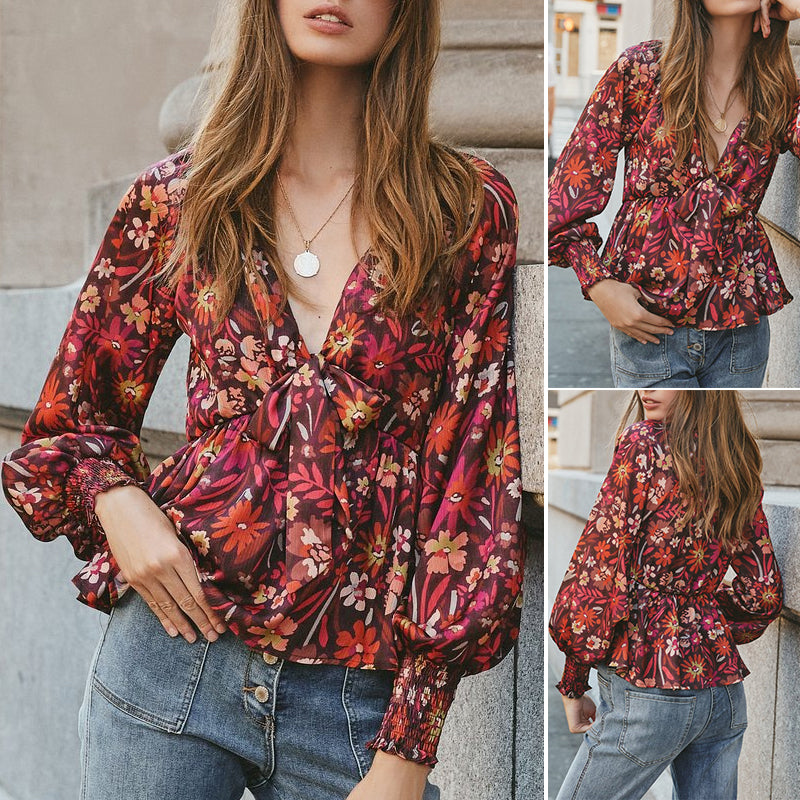 Printed Bow Tie High Waist Long Sleeve Top