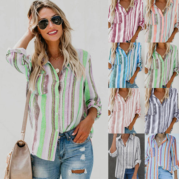 Striped Lapel Long Sleeve Shirt