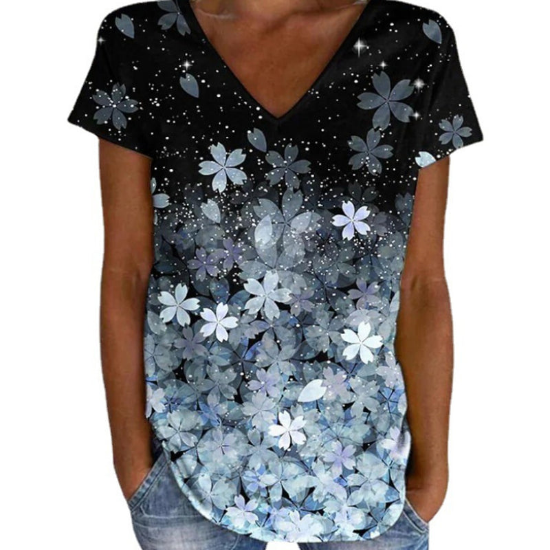 Colorful Flower Print V-neck Short Sleeves
