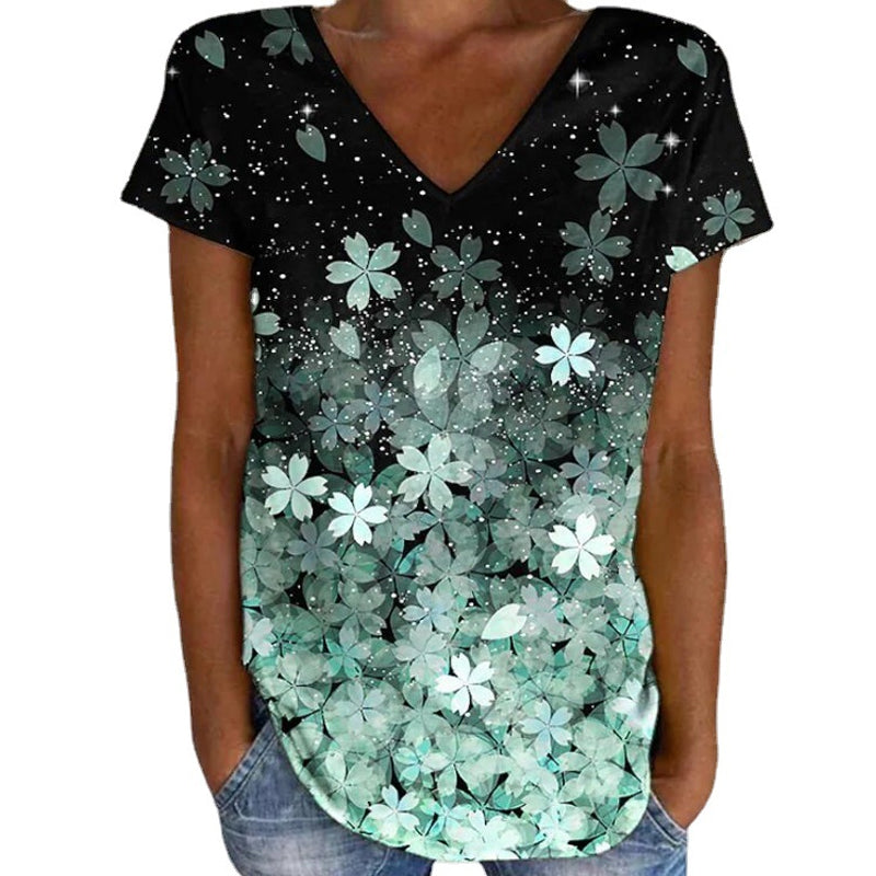 Colorful Flower Print V-neck Short Sleeves