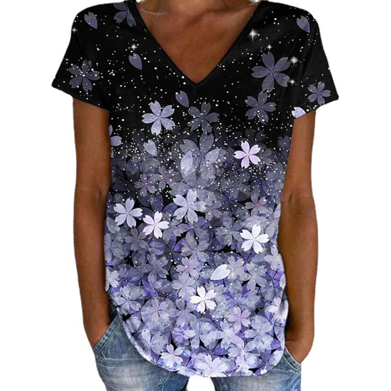Colorful Flower Print V-neck Short Sleeves