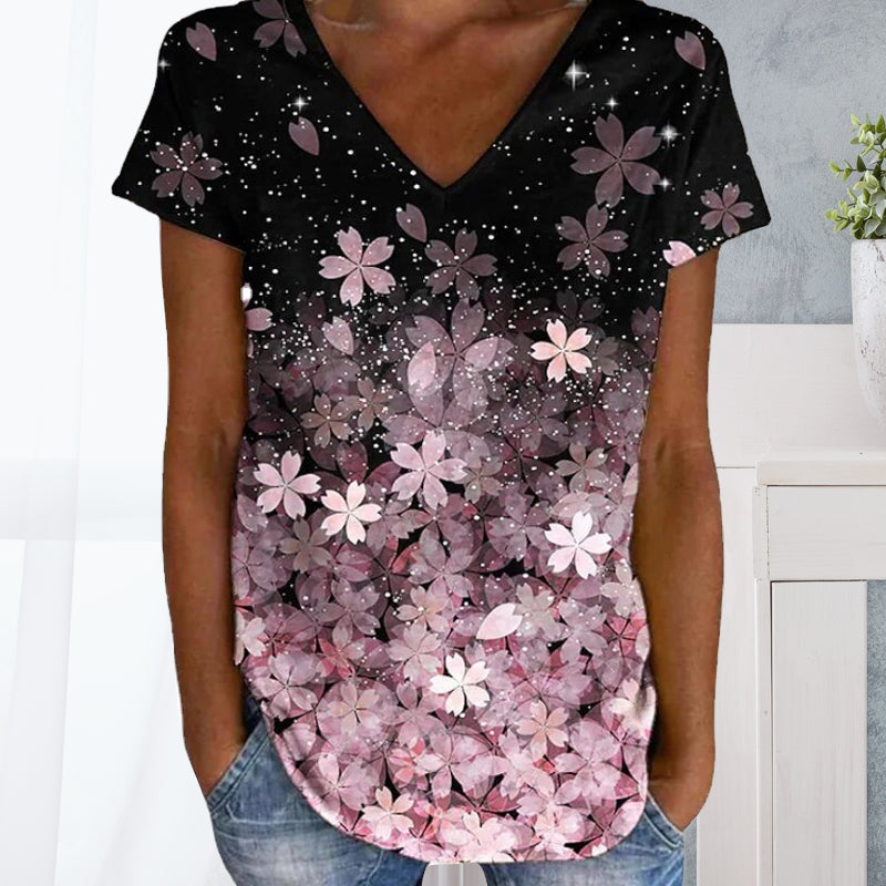 Colorful Flower Print V-neck Short Sleeves