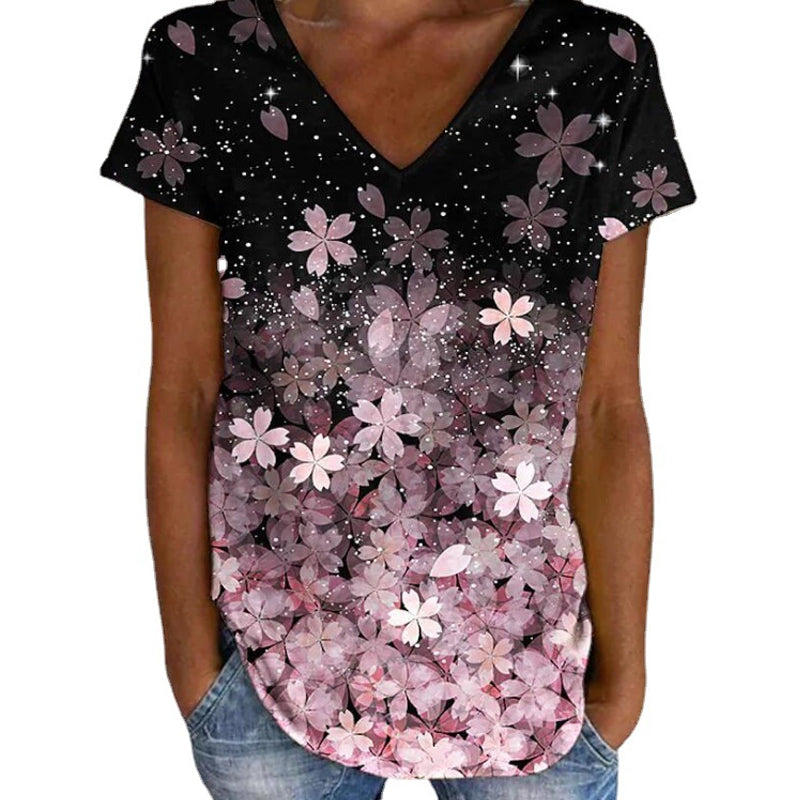 Colorful Flower Print V-neck Short Sleeves